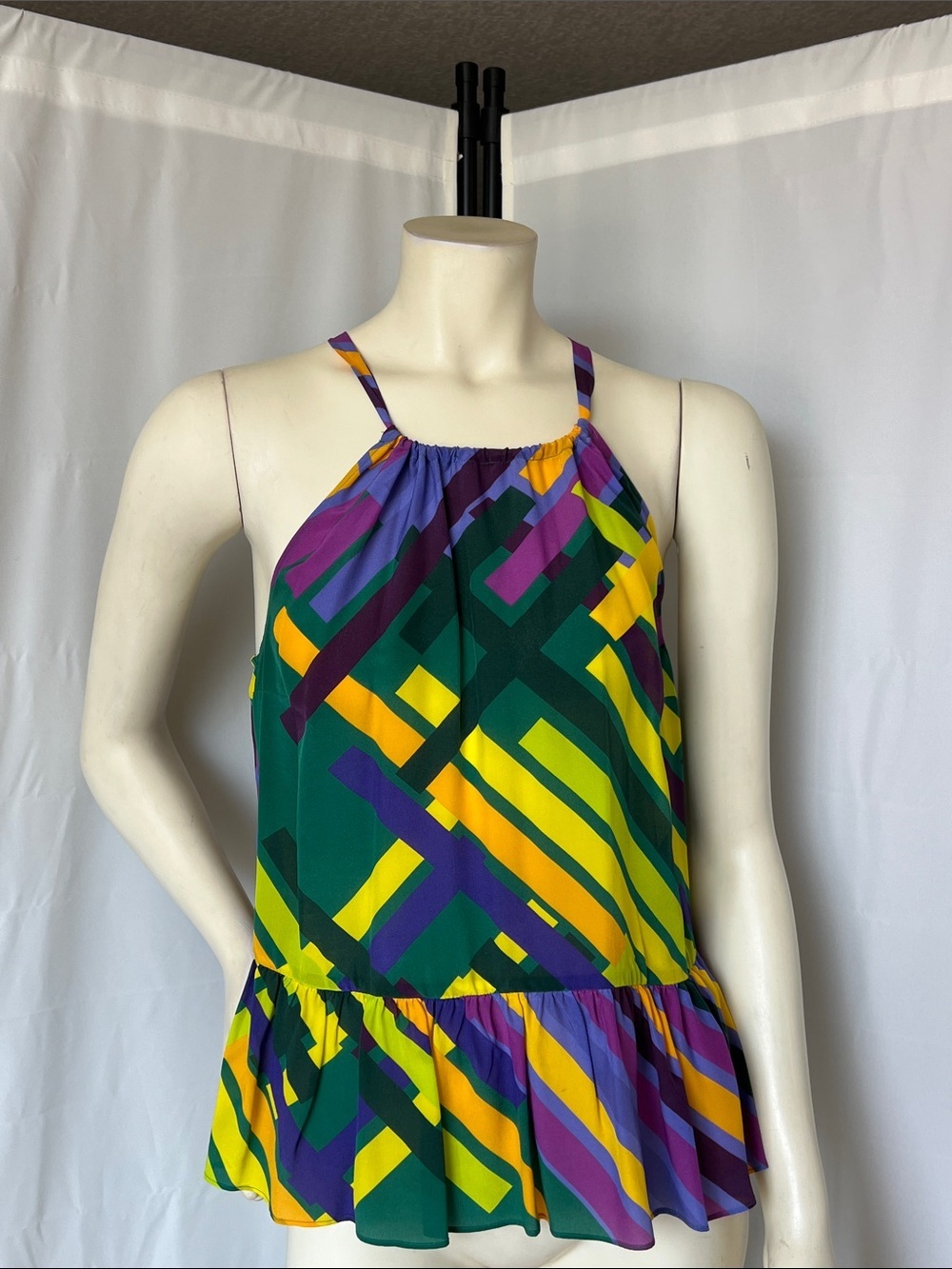 Tracy Reese Silk Geometric Peplum Halter Top